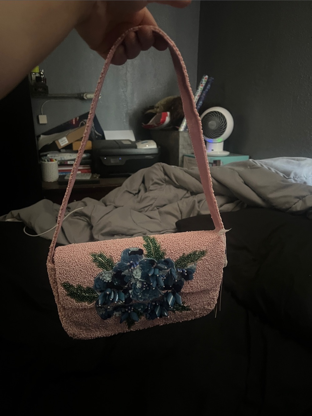 Light Pink Beaded Floral Blue Hydrangeas Shoulder Bag